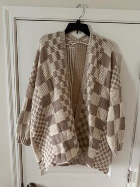 Neutral Checkered Open-Front Women's Cardigan Sweater - Cream & Tan- Size L